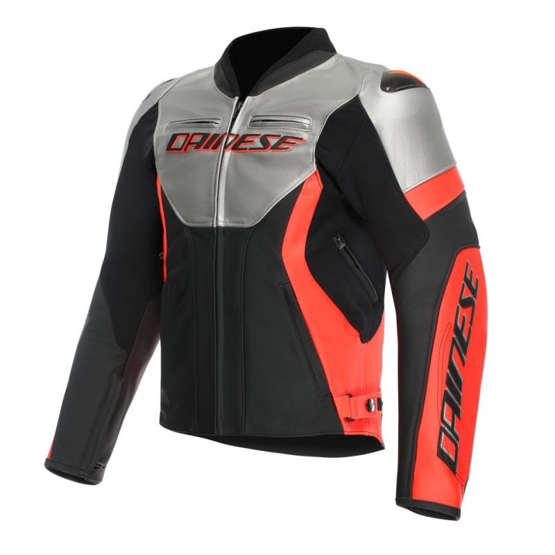Dainese Racing 5 Leather Jacket Silver/Black/Red Fluorescent Size - 44