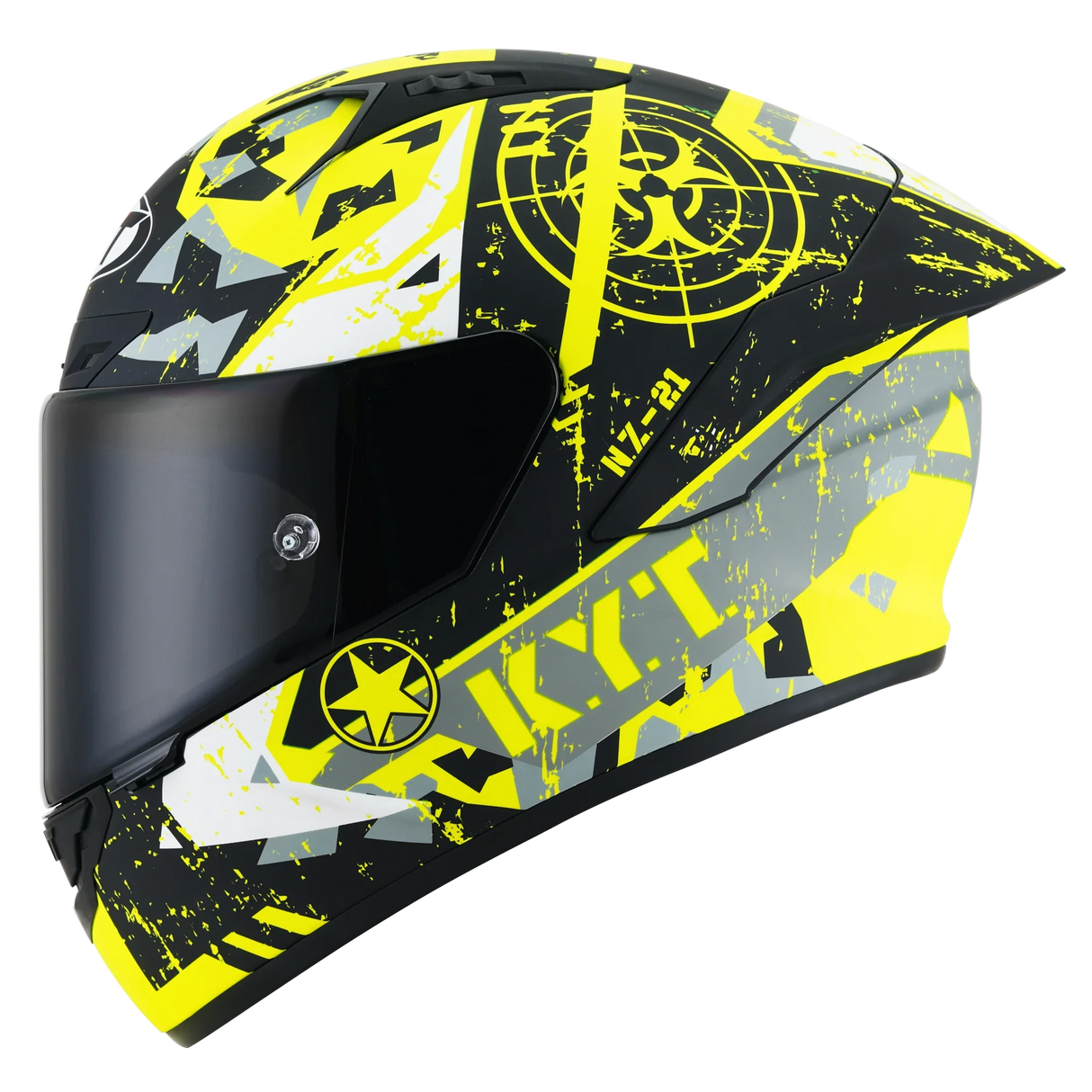 Left Side view of KYT NZ-Race Blazing Matte Yellow Motorcycle Helmet