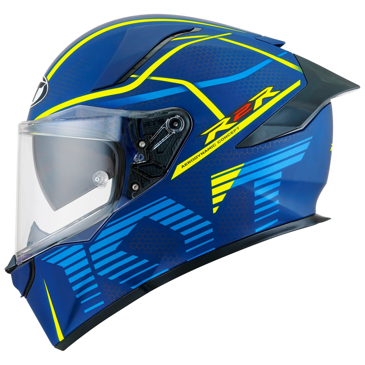 Left Side View of KYT R2R Concept Matte Blue Yellow Motorcycle Helmet