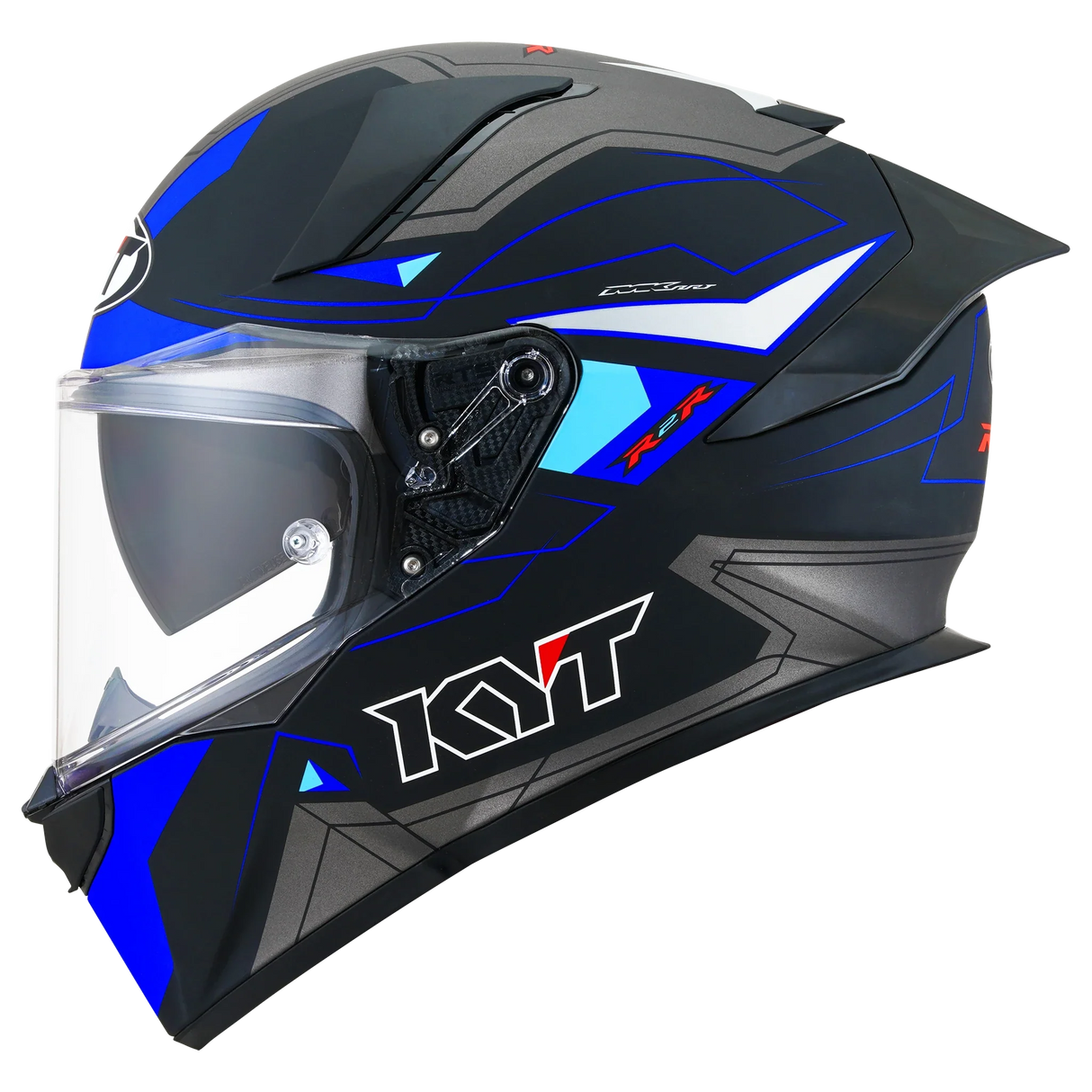 Left Side View of KYT R2R LED Matte Black Blue Motorcycle Helmet