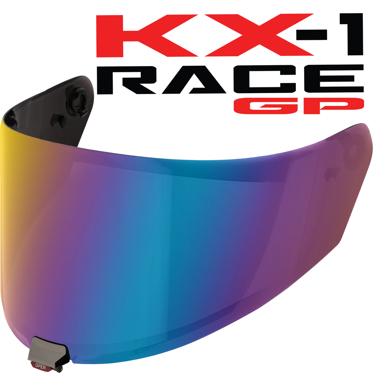 Front Quarter View of KYT KX-1 Race GP Iridium Rainbow Visor