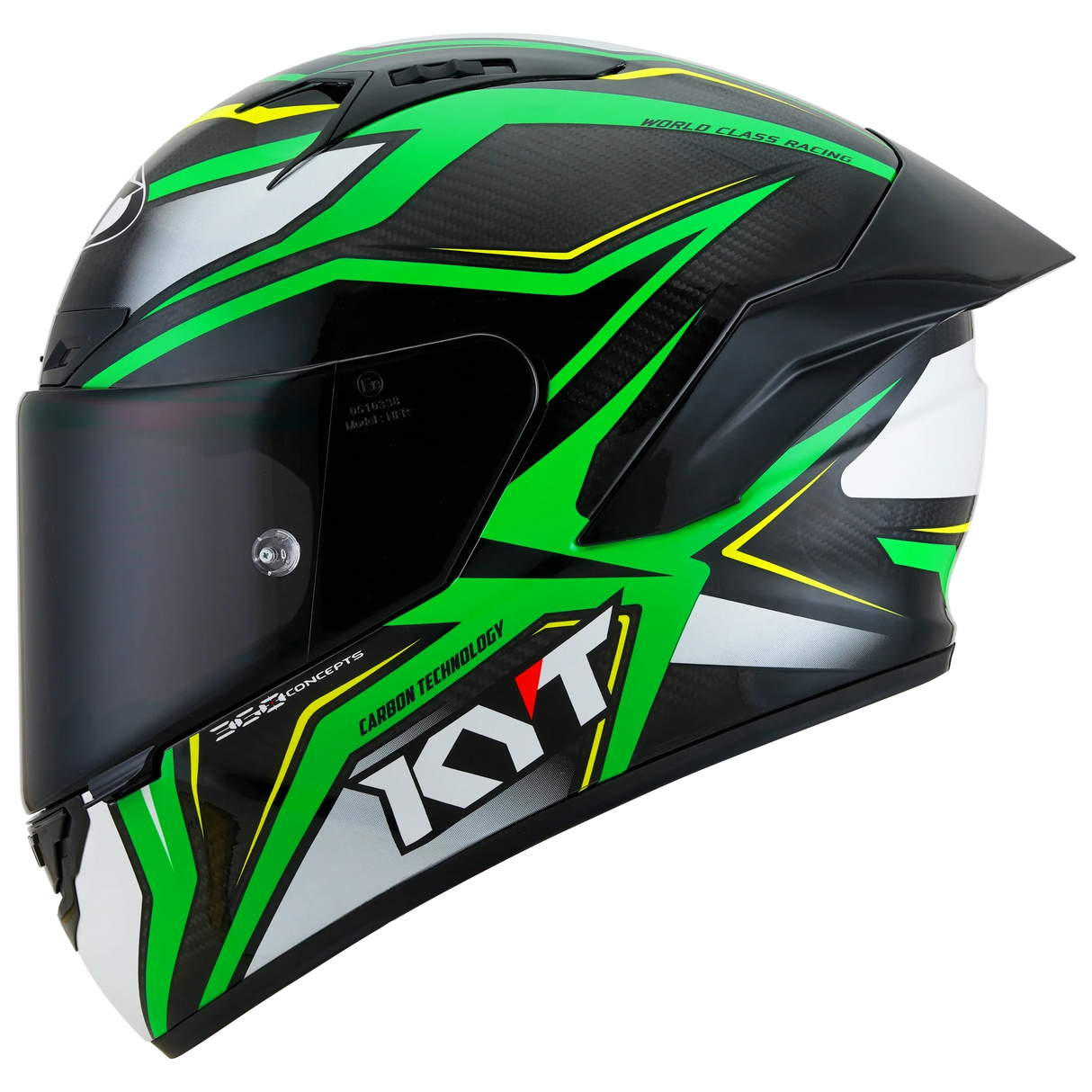 Left Side View of KYT NZ-Race Carbon Stride Green Fluo Motorcycle Helmet