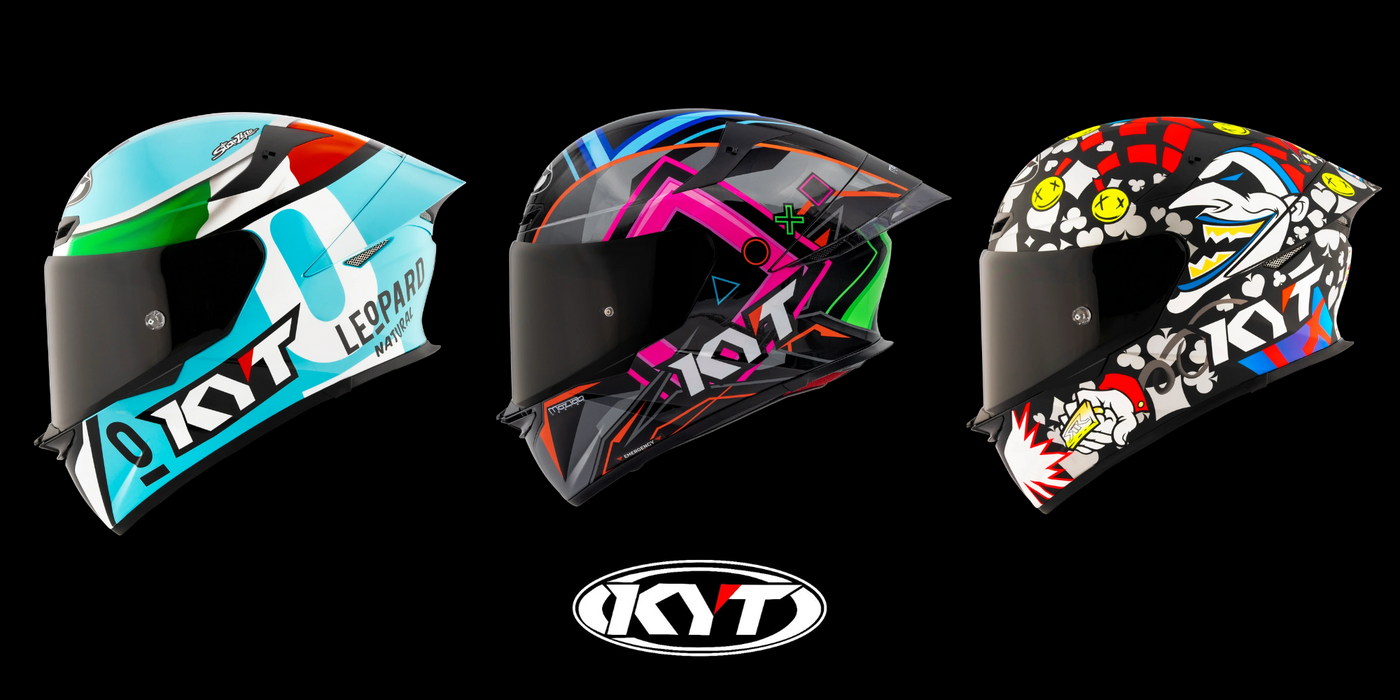 Three colorful motorcycle helmets with KYT logo on a black background