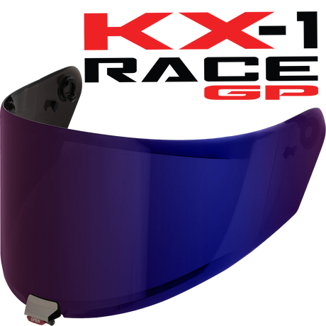 Front Quarter View of KYT KX-1 Race GP Iridium Blue Visor