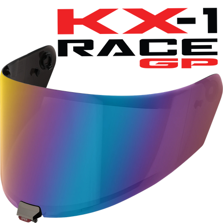 Front Quarter View of KYT KX-1 Race GP Iridium Rainbow Visor